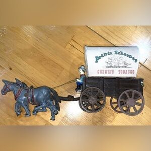 Vintage Cast Iron Horse Wagon with rider advertising chewing tobacco